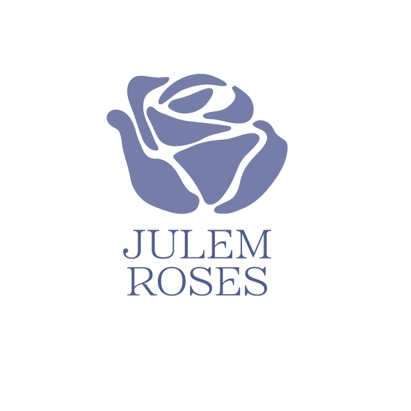 Logo for JULEM ROSES featuring a stylized blue rose above the brand name text.