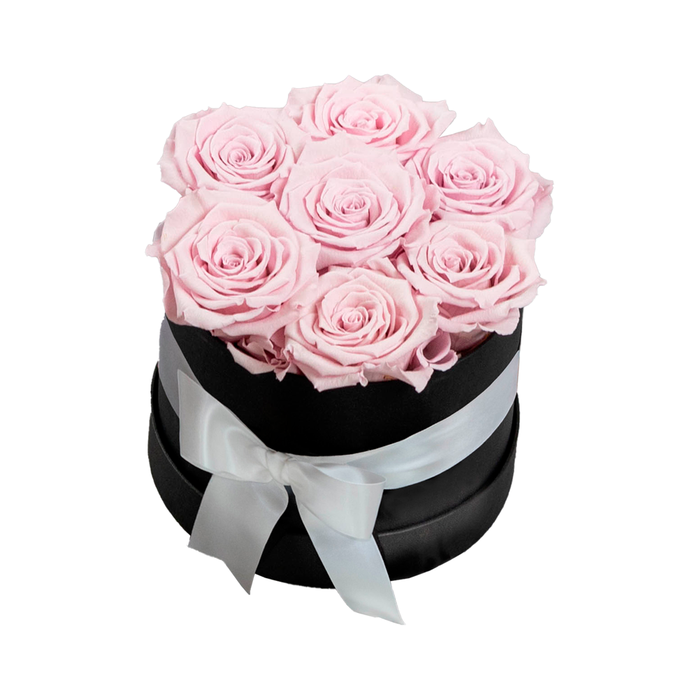 Round black hatbox filled with light pink roses tied with a white satin ribbon.