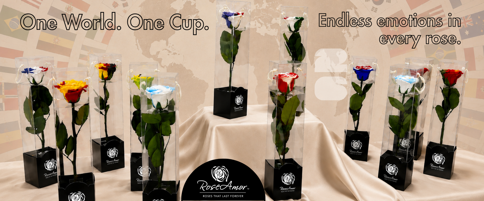Promotional banner showing glass-encased roses on a beige table with a world map backdrop and RoseAmer branding.