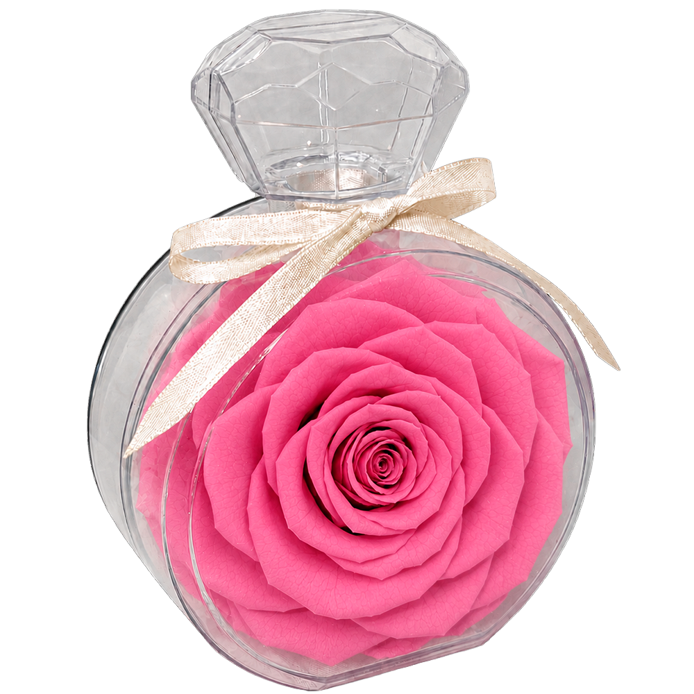 Pink rose inside a clear glass perfume bottle, tied with a pale ribbon, used as a decorative gift item.
